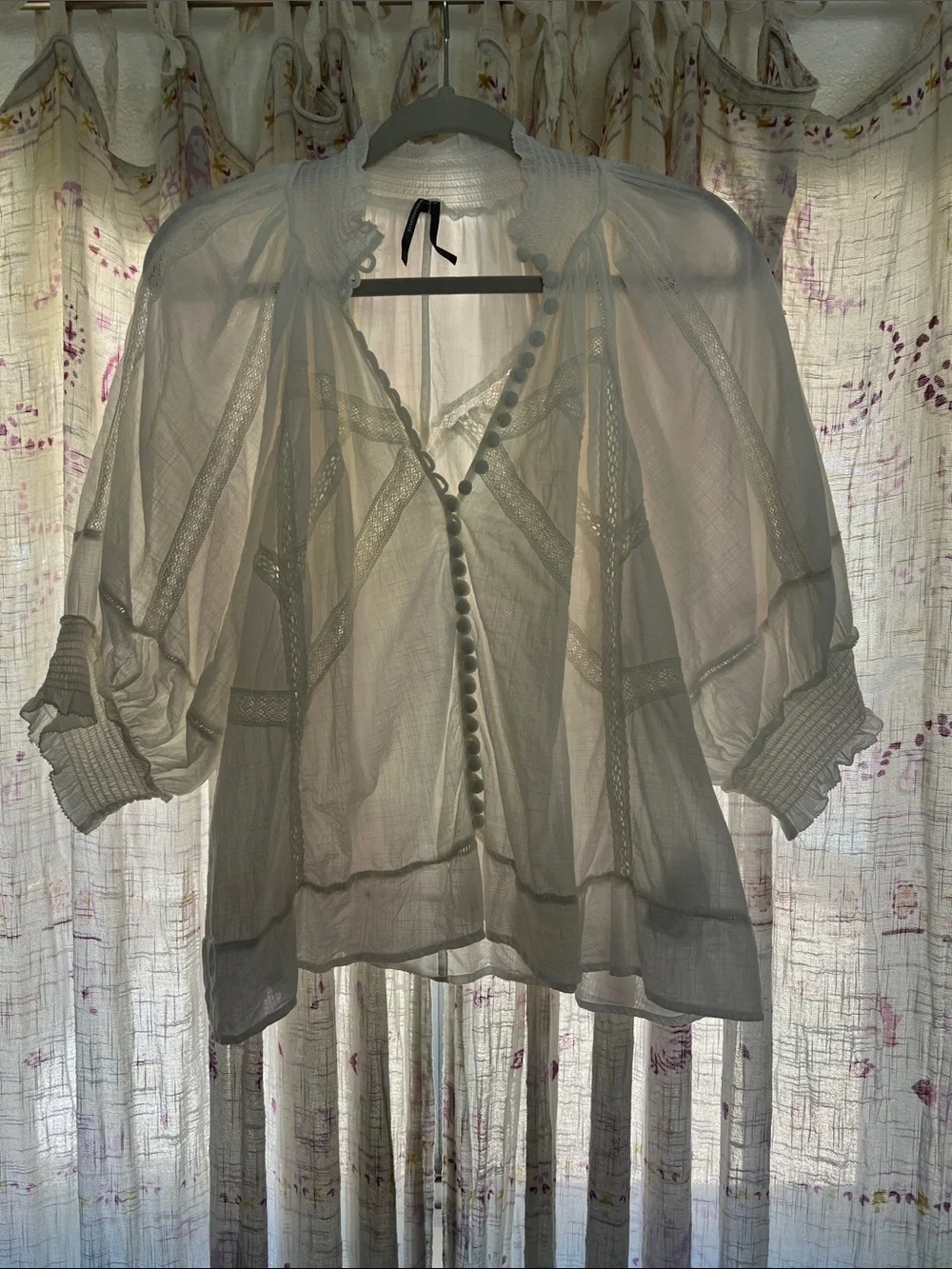 Anthropologie White Sheer Lace-Trim Button-Front Blouse